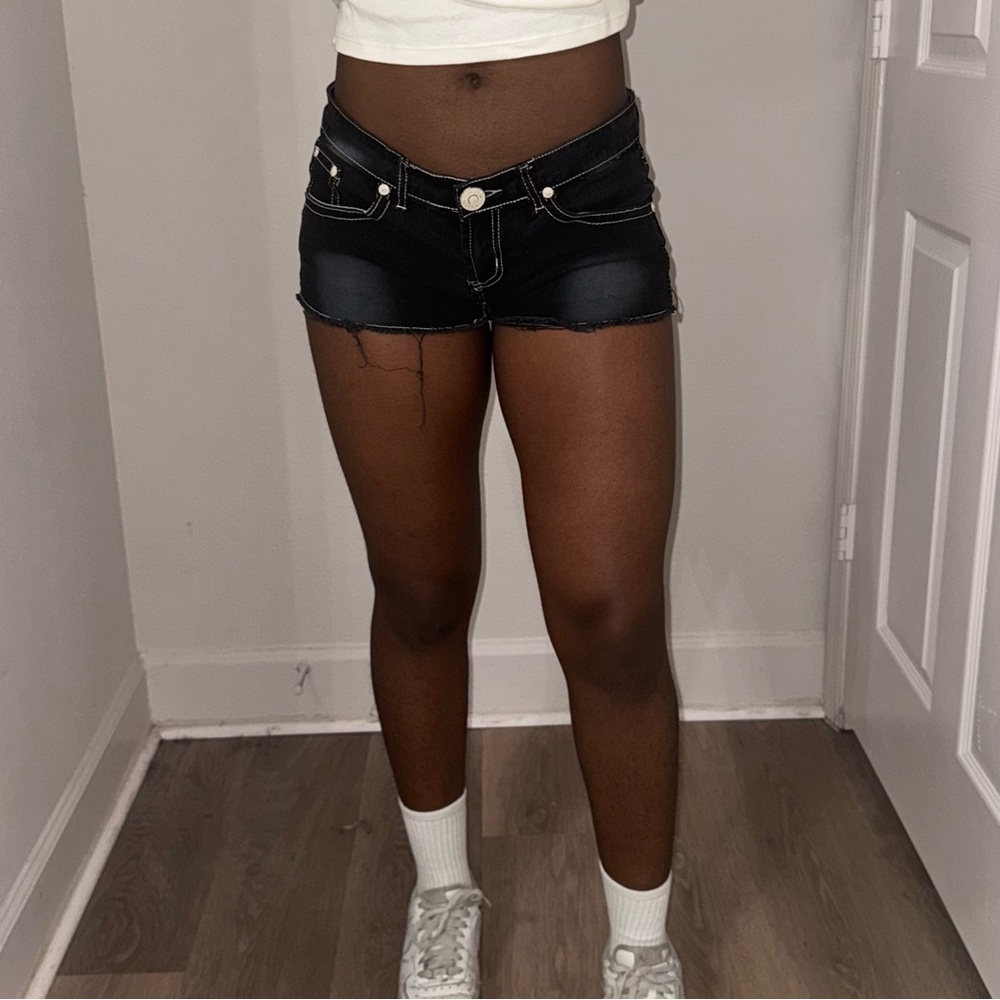 black and white frayed denim low rise shorts